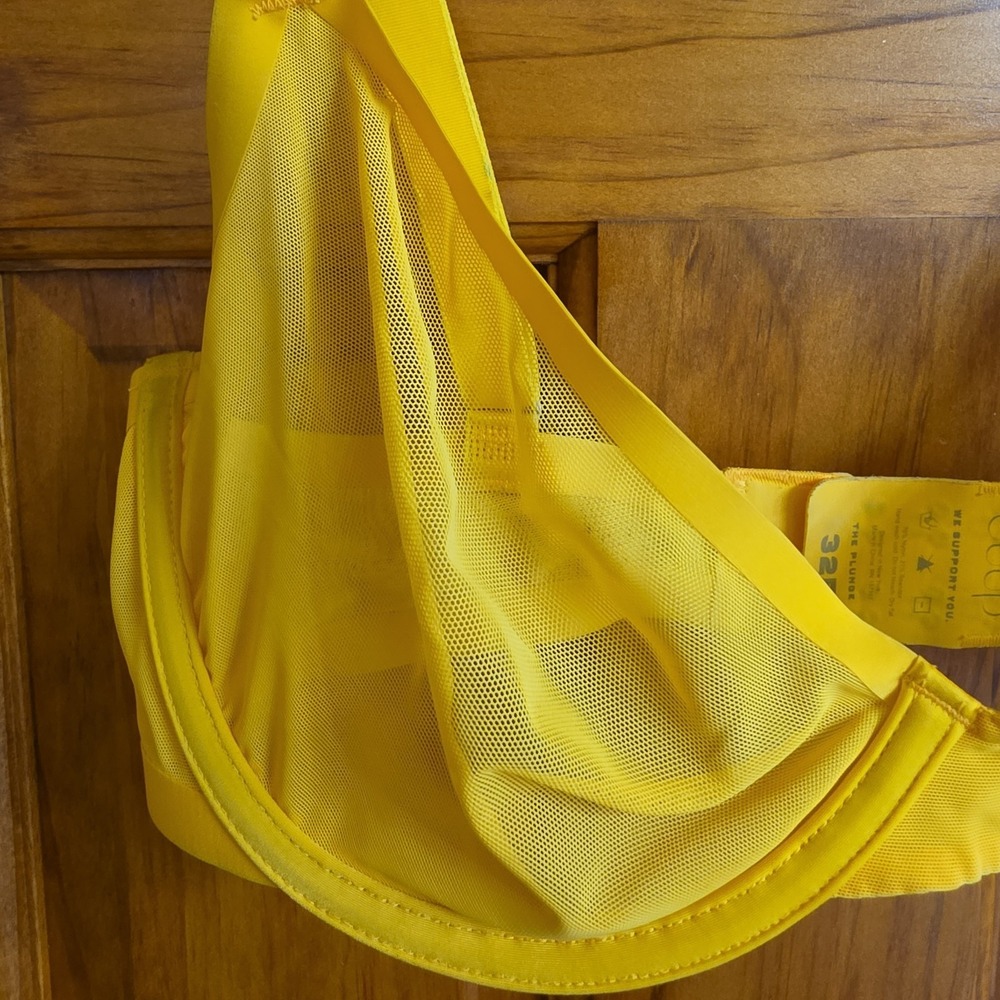 CUUP 32F The Plunge Bra Women Yellow Sheer Power Mesh Underwire Unlined Support - Picture 3 of 9